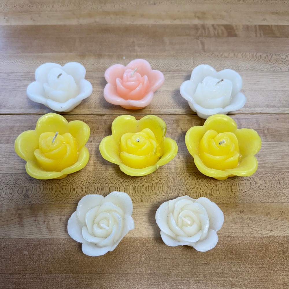 Vintage Floating Rose Candles Set of 8 Yellow Pink White Floral Decor Unbranded
